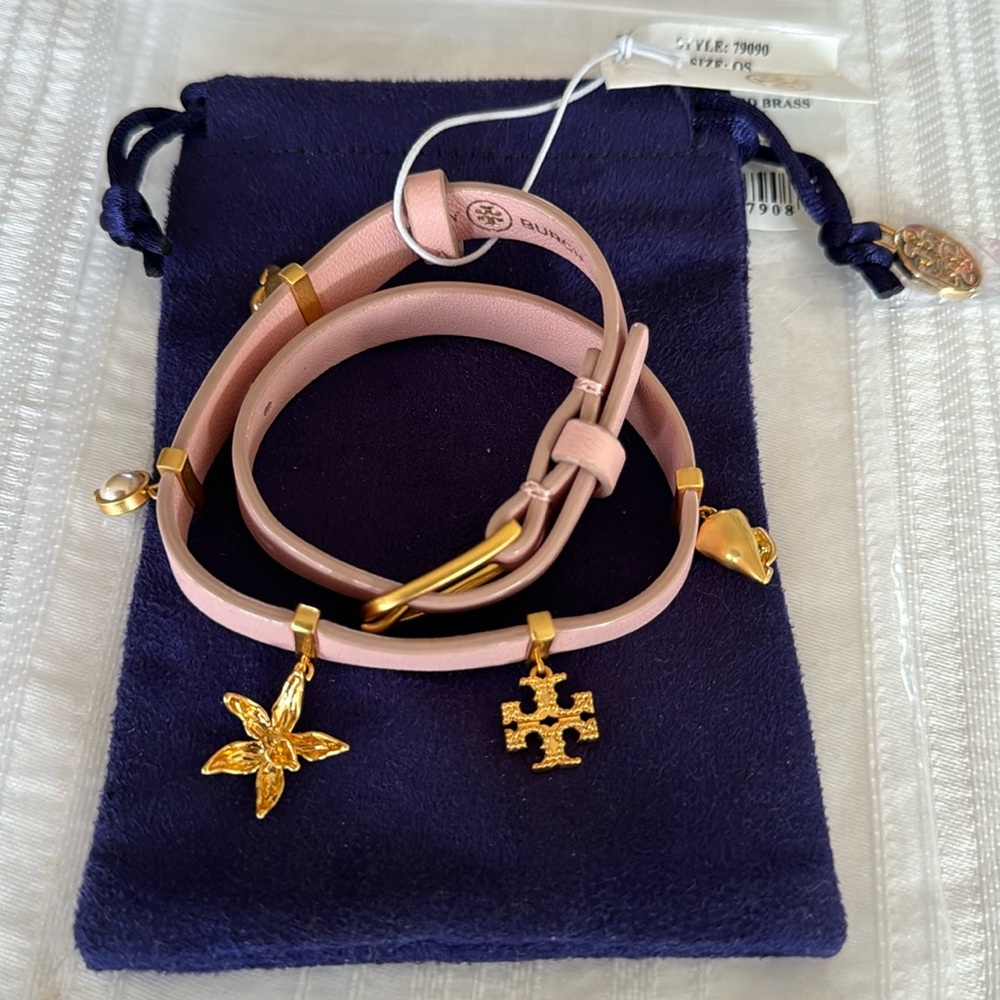 NWT TORY BURCH  Pink leather logo charm double wrap bracelet gold tone XS S M L